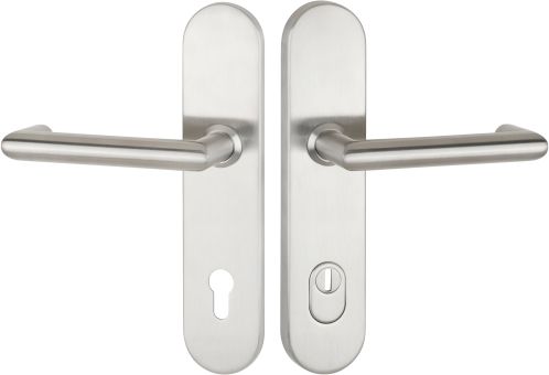 Schutzdrückergarnitur EN3 (ES2) Serie BASIC 08 Edelstahl matt, innen und außen Klinke /Produkte / Schutzklasse ES1 /