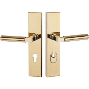 Schutzwechselgarnitur Serie Infinity Edelstahl PVD Messingfarben poliert, innen und außen Klinke 72mm für Wohnungseingangstüren | MIT | beidseitig Drücker