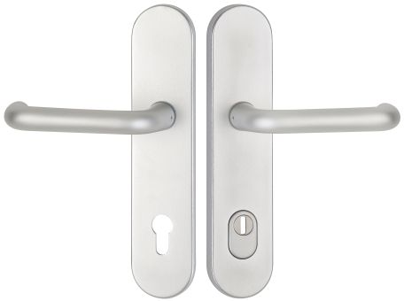 Schutzdrückergarnitur Serie BASIC 01 Aluminium silberfarben, beidseitig Klinke /Produkte / Schutzbeschläge