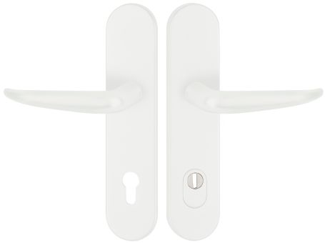 Schutzdrückergarnitur Serie BASIC 06 Aluminium weiß, beidseitig Klinke /Produkte / Schutzklasse ES1 /