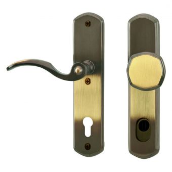 Schutz - Wechselgarnitur 1097 GENF Mess.brüniert 92 mm für Haustüren | mit Kernziehschutz | außen fester Knopf/innen Drücker | Drücker linkszeigend