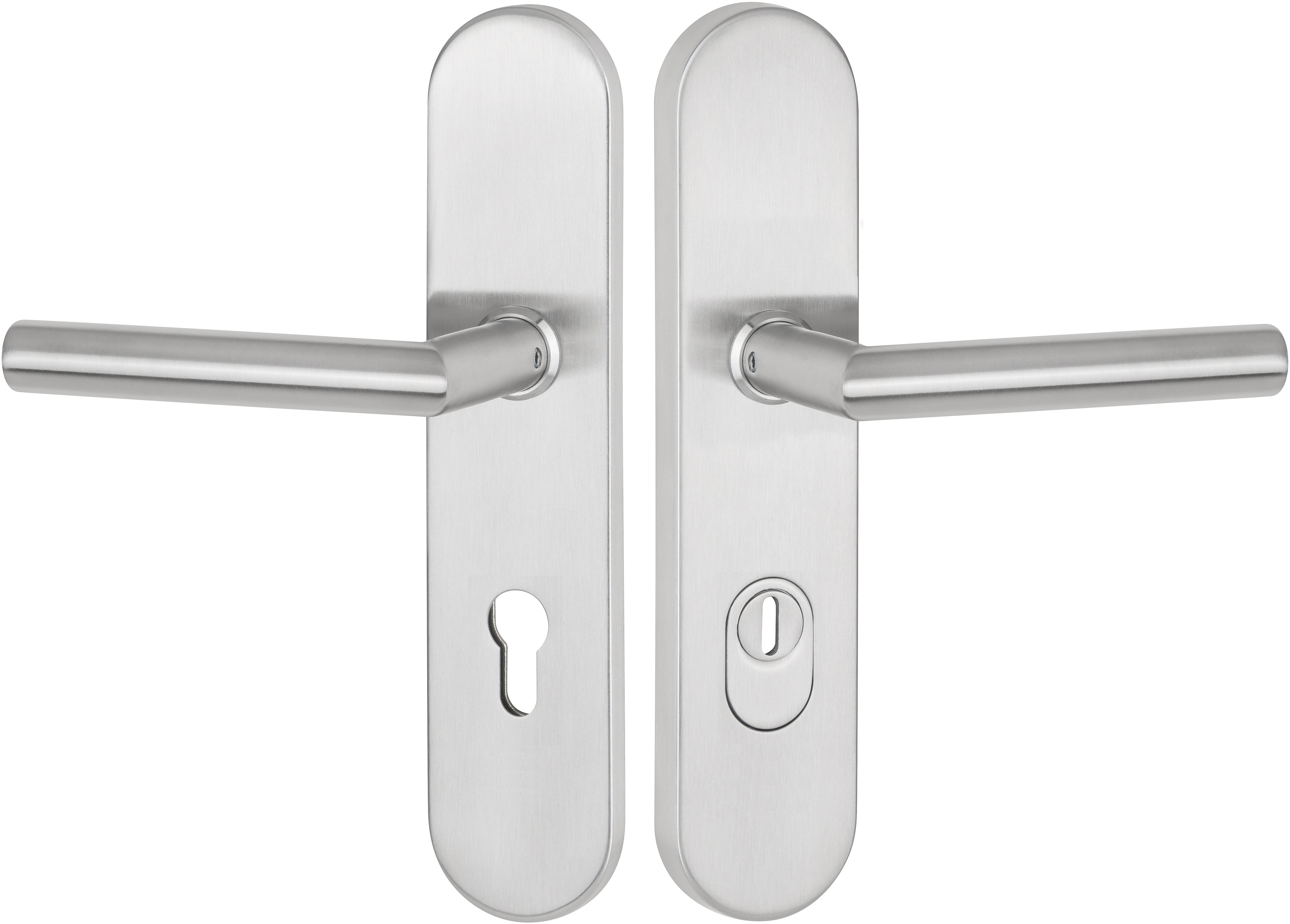  Artikelbild 1 des Artikels “Schutzdrückergarnitur Serie BASIC 02 Edelstahl matt, innen und außen Klinke 72mm für Wohnungseingangstüren | MIT | beidseitig Drücker“