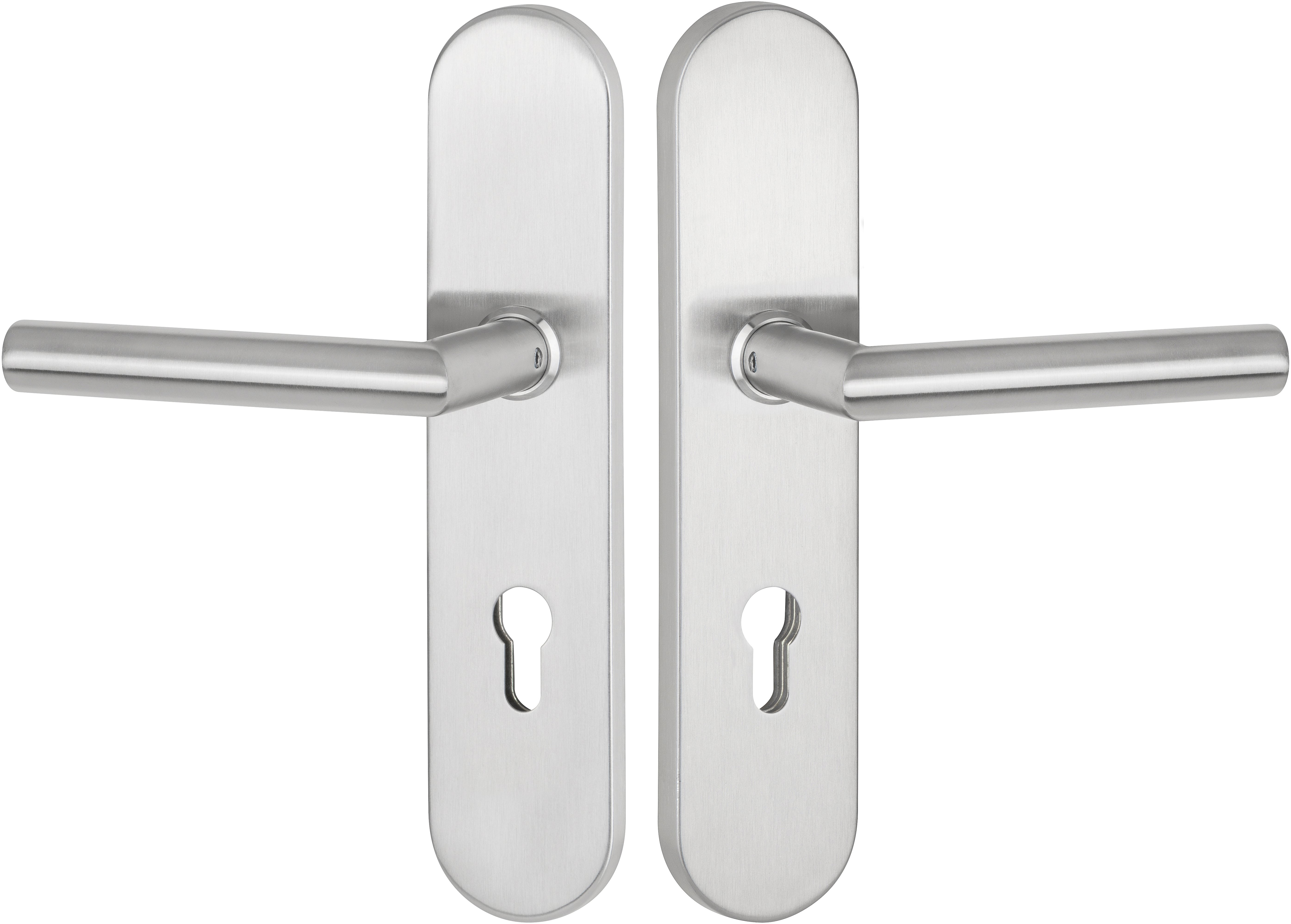  Artikelbild 1 des Artikels “Schutzdrückergarnitur Serie BASIC 02 Edelstahl matt, innen und außen Klinke 72mm für Wohnungseingangstüren | OHNE | beidseitig Drücker“