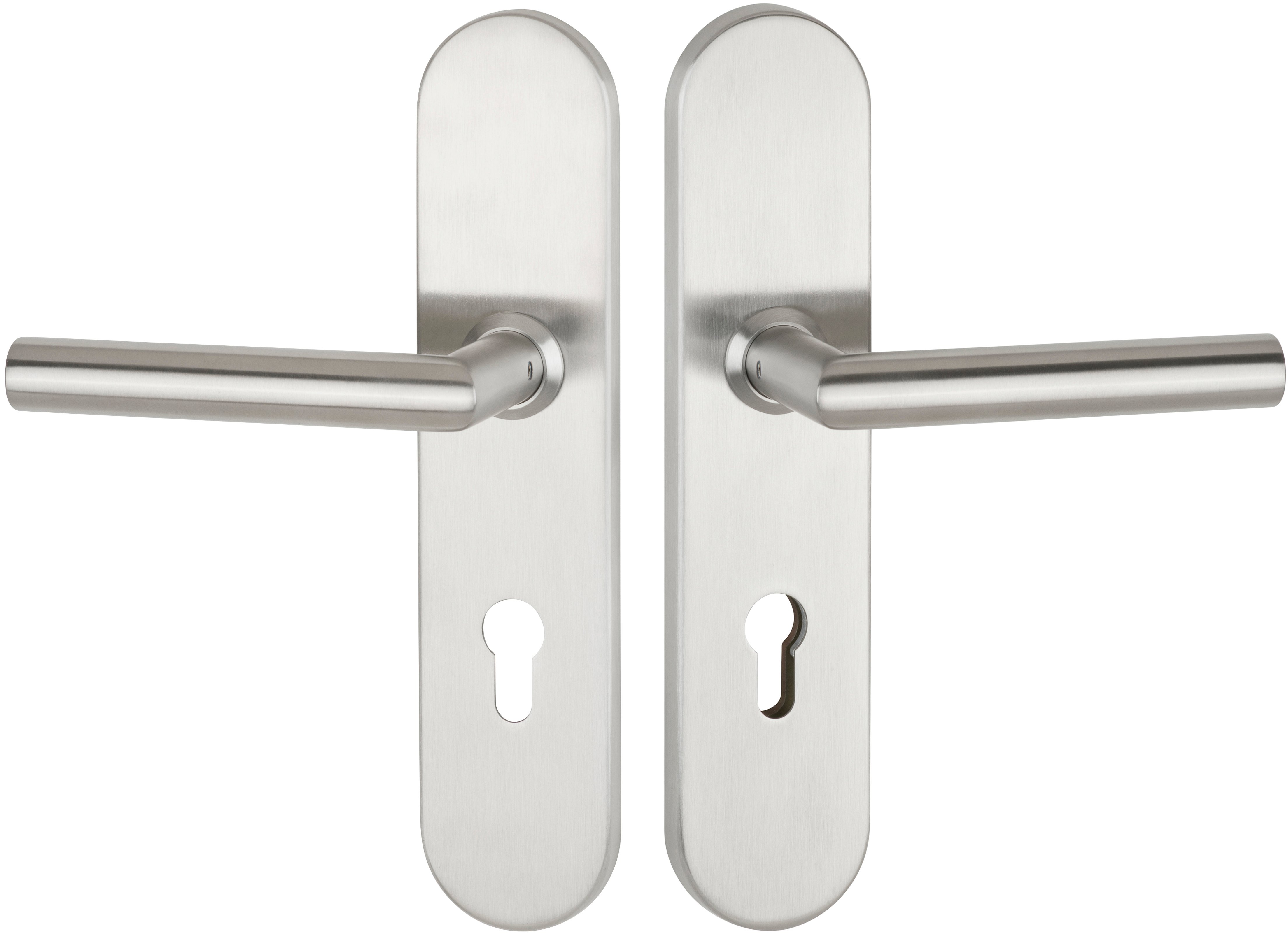  Artikelbild 1 des Artikels “Schutzdrückergarnitur Serie BASIC 02 Edelstahl matt, innen und außen Klinke 72mm für Wohnungseingangstüren | OHNE | beidseitig Drücker“